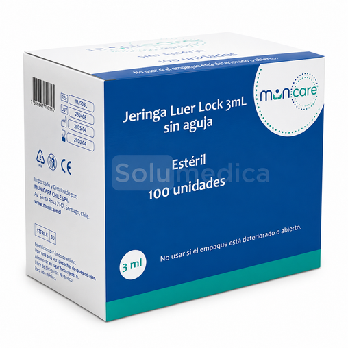 Jeringa Desechable Estéril 3 mL Luer Lock Sin Aguja – Muncare – Caja 100 Unidades