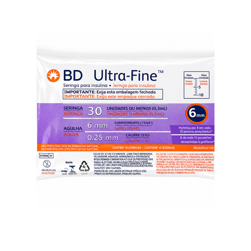 Jeringa para Insulina BD Ultra-Fine™ 6mm 30G x 0,3mL - 10 Unidades