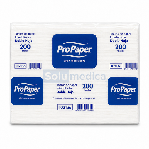 Toalla Interfoliada Doble Hoja Pro Paper 200 Hojas Blanca | Paquete Individual