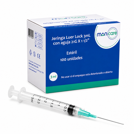Jeringa Desechable Estéril 3ml con Aguja 21G x 1½" Luer Lock - Caja 100 unidades